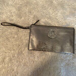 Metallic Silver Michael Kors Python Wristlet Clutch